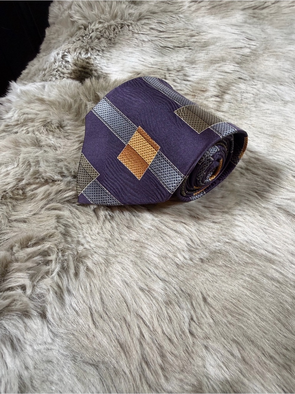 John Blair Classic Purple Tie with Gold and Gray Geometric Accents